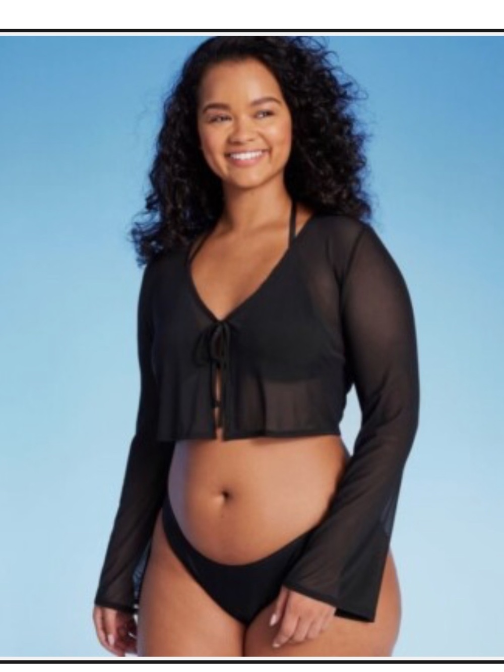 wild fable Black Sheer Tie-Front Long Sleeve Crop Top